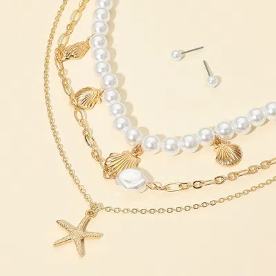 Fashnzfab 3pcs - Metal Starfish Pendant Natural Pearl Accent Seashell Charm Station Pearl Necklaces In Gold