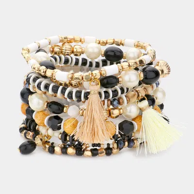 Fashnzfab 3pcs - Metal Tube Faceted Beaded Stretch Bracelets In Black