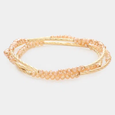 Fashnzfab 3pcs - Metal Tube Faceted Beaded Stretch Bracelets In Sand