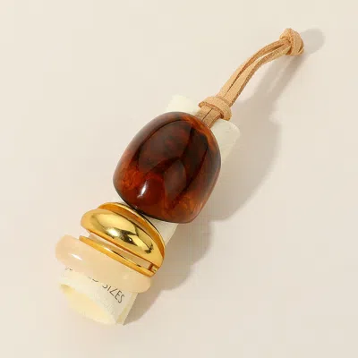 Fashnzfab 3pcs - Mixed Shaped Bold Resin Metal Ring Set - Brown, Gold