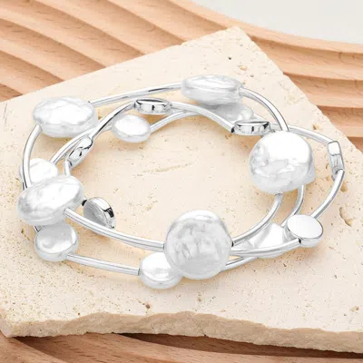 Fashnzfab 3pcs - Natural Pearl Disc Pointed Stretch Multi Layered Bracelets