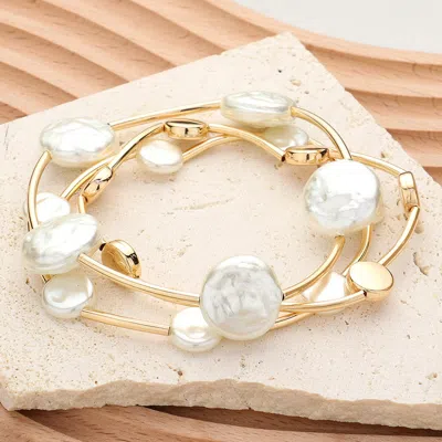 Fashnzfab 3pcs - Natural Pearl Disc Pointed Stretch Multi Layered Bracelets Cream, Gold