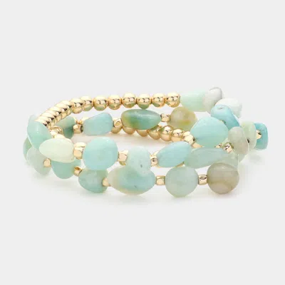Fashnzfab 3pcs - Natural Stone Accented Metal Ball Beaded Stretch Multi Layered Bracelets