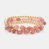 Fashnzfab 3pcs - Natural Stone Accented Metal Ball Beaded Stretch Multi Layered Bracelets Burgundy, Gold In Multi