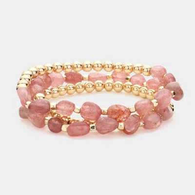 Fashnzfab 3pcs - Natural Stone Accented Metal Ball Beaded Stretch Multi Layered Bracelets Burgundy, Gold