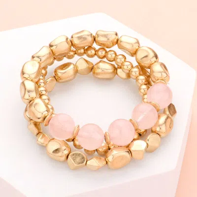 Fashnzfab 3pcs - Natural Stone Accented Stretch Bracelets In Pink
