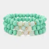 Fashnzfab 3pcs - Natural Stone Accented Wood Ball Stretch Bracelets In Green