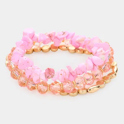 Fashnzfab 3pcs - Natural Stone Faceted Beaded Stretch Bracelets In Pink