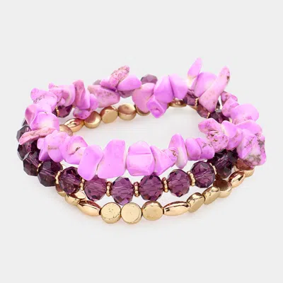Fashnzfab 3pcs - Natural Stone Faceted Beaded Stretch Bracelets In Purple