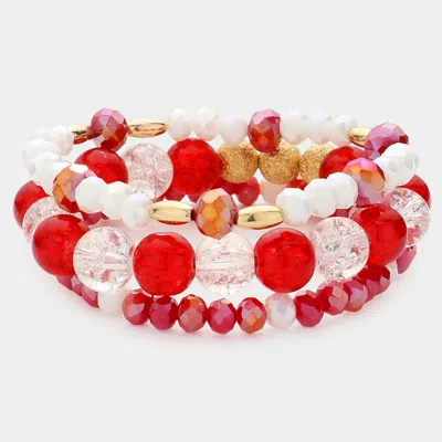 Fashnzfab 3pcs - Natural Stone Faceted Beaded Stretch Bracelets In Red