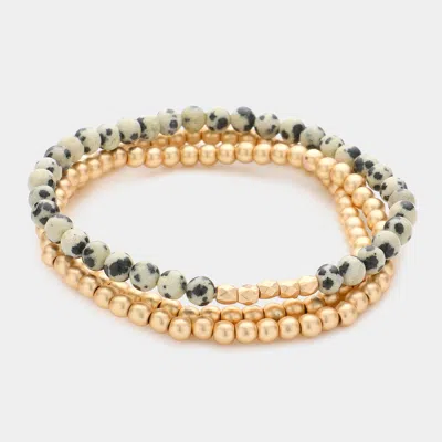 Fashnzfab 3pcs - Natural Stone Metal Ball Beaded Stretch Bracelets In Multi