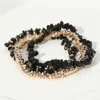 Fashnzfab 3pcs - Natural Stone Metal Beaded Stretch Multi Layered Bracelets In Black