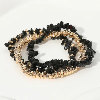 Fashnzfab 3pcs - Natural Stone Metal Beaded Stretch Multi Layered Bracelets In Black