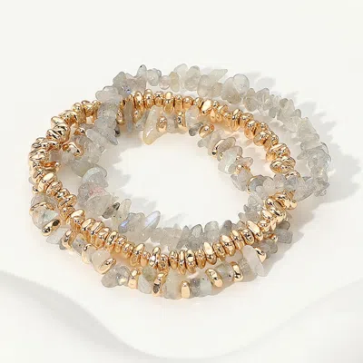 Fashnzfab 3pcs - Natural Stone Metal Beaded Stretch Multi Layered Bracelets In Gray