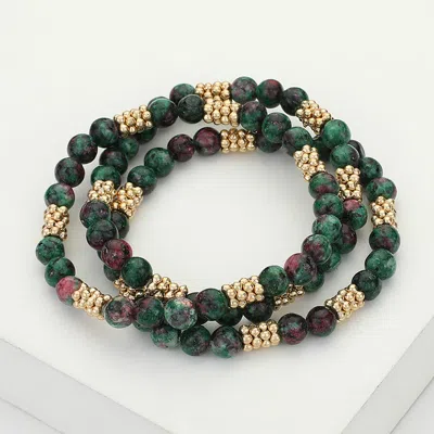 Fashnzfab 3pcs - Natural Stone Metal Bubble Bar Beaded Stretch Multi Layered Bracelets Gold, Green