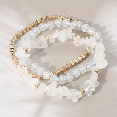 Fashnzfab 3pcs - Natural Stone Metal Faceted Beaded Stretch Multi Layered Bracelets