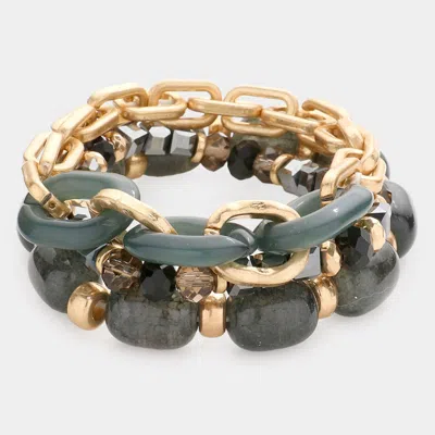 Fashnzfab 3pcs - Natural Stone Open Metal Oval Link Stretch Bracelets In Black