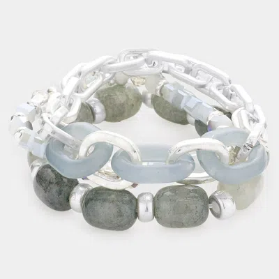 Fashnzfab 3pcs - Natural Stone Open Metal Oval Link Stretch Bracelets In Gray
