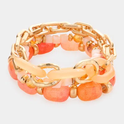Fashnzfab 3pcs - Natural Stone Open Metal Oval Link Stretch Bracelets In Pink