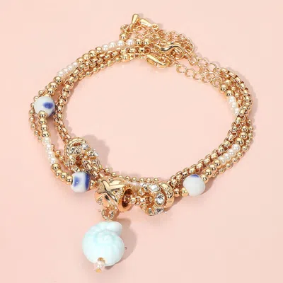 Fashnzfab 3pcs - Nautical Ceramic Shell Charm Accent Pearl Crystal Metal Beaded Multi Layered Bracelets