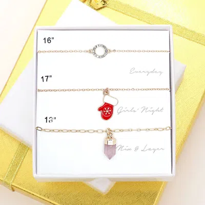 Fashnzfab 3pcs - Open Circle Glove Natural Stone Pendant Necklaces In Multi