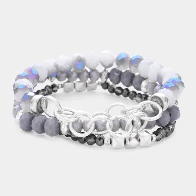 Fashnzfab 3pcs - Open Circle Link Metal Cube Faceted Beaded Stretch Bracelets In Gray