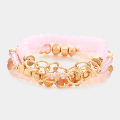 Fashnzfab 3pcs - Open Circle Link Metal Cube Faceted Beaded Stretch Bracelets In Pink