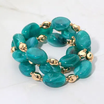 Fashnzfab 3pcs - Oval Pebble Beaded Stretch Multi Layered Bracelet In Blue