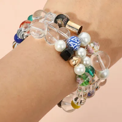Fashnzfab 3pcs - Patterned Bead Accented Pearl Clear Lucite Ball Stretch Bracelets Lucite, Multi