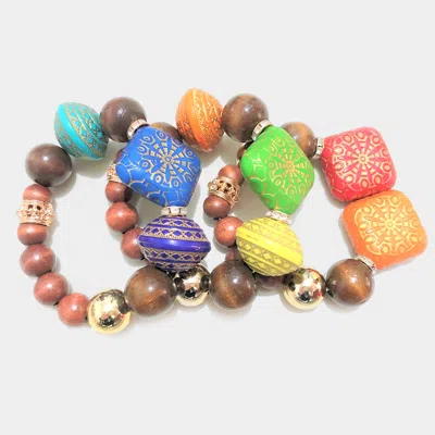 Fashnzfab 3pcs - Patterned Colorful Wood Accented Stretch Bracelets In Multi