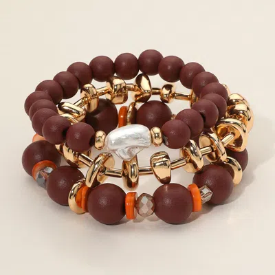 Fashnzfab 3pcs - Pearl Accent Metal Wooden Ball Beaded Stretch Multi Layered Bracelets In Brown