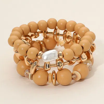 Fashnzfab 3pcs - Pearl Accent Metal Wooden Ball Beaded Stretch Multi Layered Bracelets In Sand