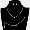Fashnzfab 3pcs - Pearl Accented Rhinestone Necklace Jewelry Set In Gold