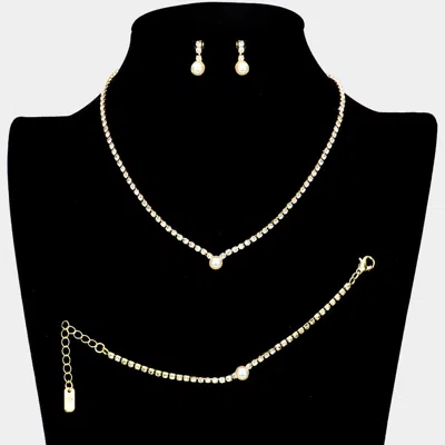 Fashnzfab 3pcs - Pearl Accented Rhinestone Necklace Jewelry Set In Gold