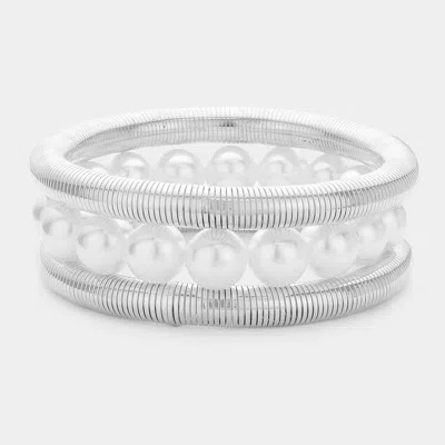 Fashnzfab 3pcs - Pearl Beaded Metal Cable Multi Layered Stretch Bracelets