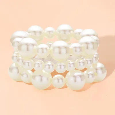 Fashnzfab 3pcs - Pearl Beaded Multi Layered Stretch Bracelets Cream In White