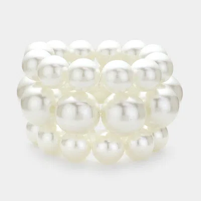 Fashnzfab 3pcs - Pearl Beaded Multi Layered Stretch Bracelets In White
