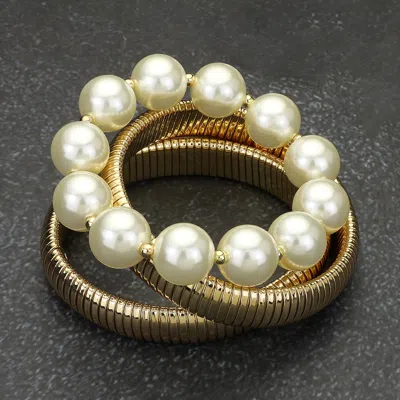 Fashnzfab 3pcs - Pearl Beaded Snake Stretch Multi Layered Bracelets - Cream, Gold