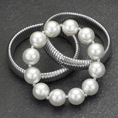 Fashnzfab 3pcs - Pearl Beaded Snake Stretch Multi Layered Bracelets