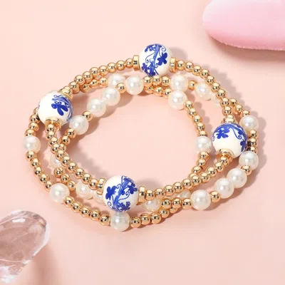 Fashnzfab 3pcs - Pearl Ceramic Metal Ball Beaded Stretch Multi Layered Bracelets