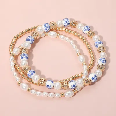 Fashnzfab 3pcs - Pearl Ceramic Metal Ball Beaded Stretch Multi Layered Bracelets