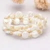 Fashnzfab 3pcs - Pearl Disc Beaded Stretch Multi Layered Bracelets Cream, Gold In Multi