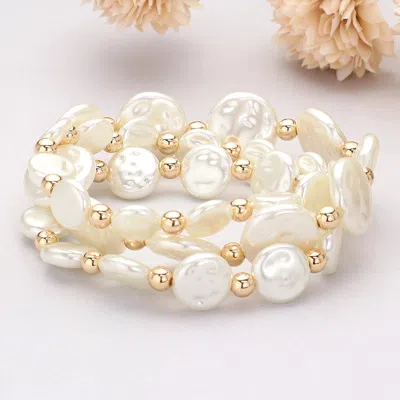 Fashnzfab 3pcs - Pearl Disc Beaded Stretch Multi Layered Bracelets Cream, Gold