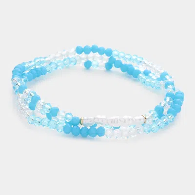 Fashnzfab 3pcs - Pearl Faceted Beaded Stretch Bracelets In Blue