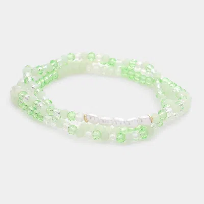 Fashnzfab 3pcs - Pearl Faceted Beaded Stretch Bracelets In Green