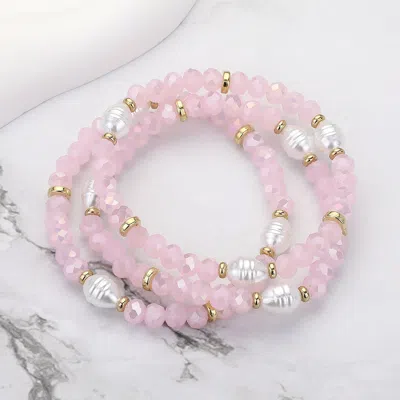 Fashnzfab 3pcs - Pearl Faceted Beaded Stretch Multi Layered Bracelets - Gold, Pink