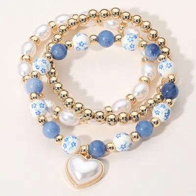 Fashnzfab 3pcs - Pearl Heart Charm Floral Ceramic Metal Pearl Ball Stretch Multi Layered Bracelets In Gold