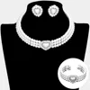 Fashnzfab 3pcs - Pearl Heart Pendant 3-row Choker Necklace Jewelry Set In Metallic