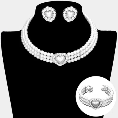 Fashnzfab 3pcs - Pearl Heart Pendant 3-row Choker Necklace Jewelry Set In Metallic