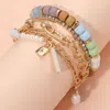 Fashnzfab 3pcs - Pearl Lock Charm Metal Chain Link Beaded Bracelets In Multi